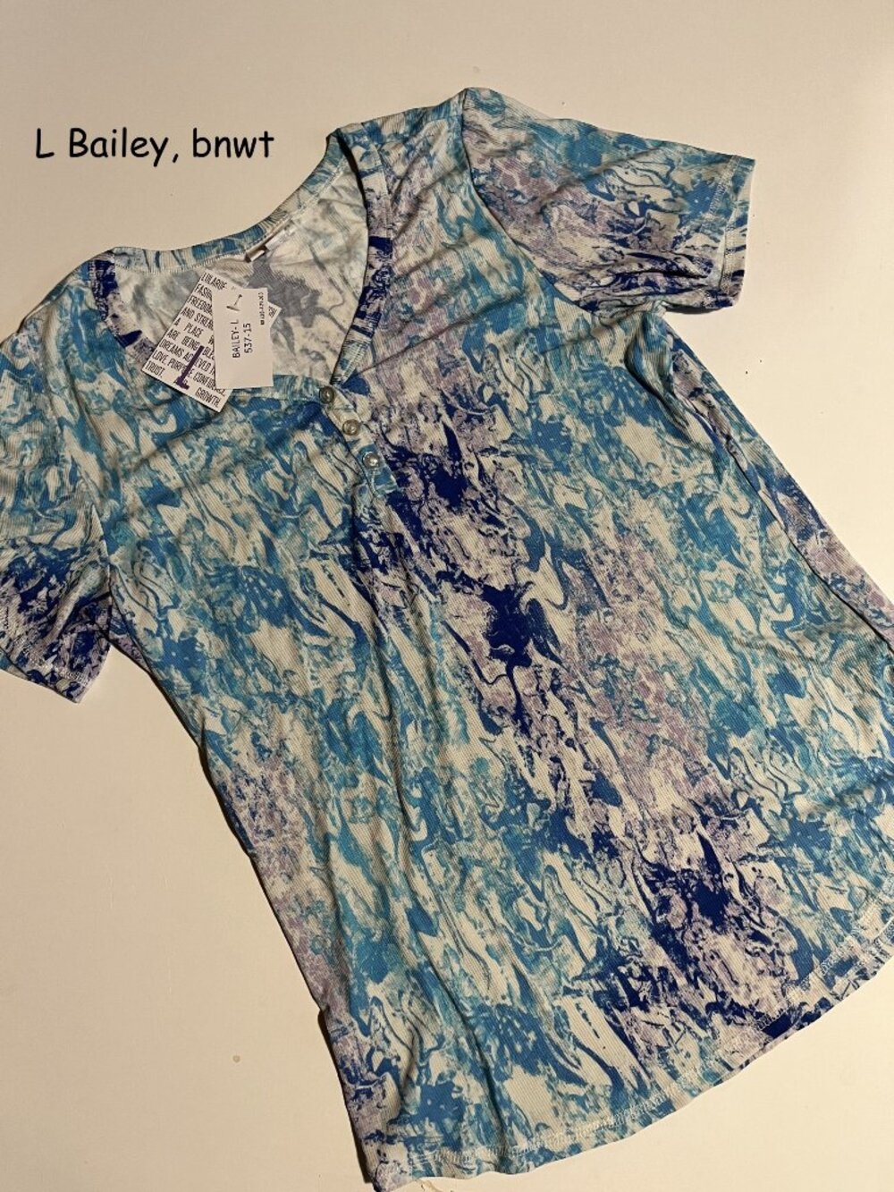 Large Lularoe Bailey 3-button henley, blue, purple, white tie-dye